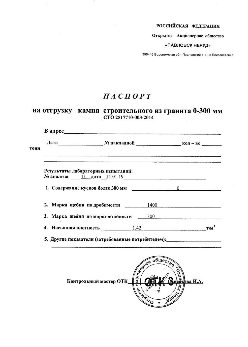 Паспорт Павловск Неруд отсев гранитный фр. 0-5