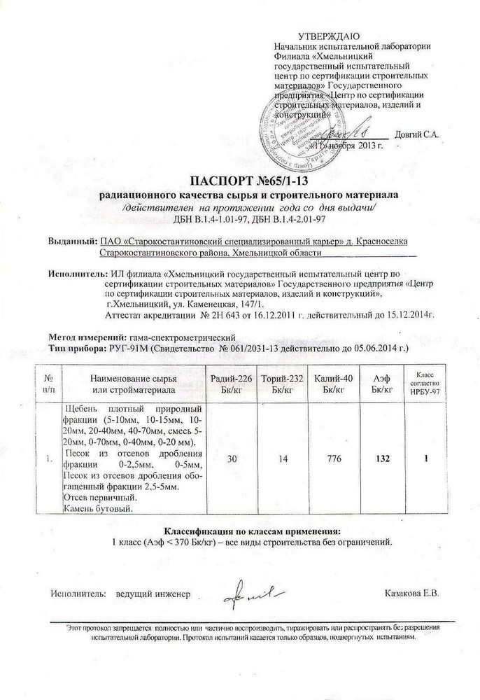 Рад. серт.отсев гранитный фр.0-5 Староконстантиновский карьер