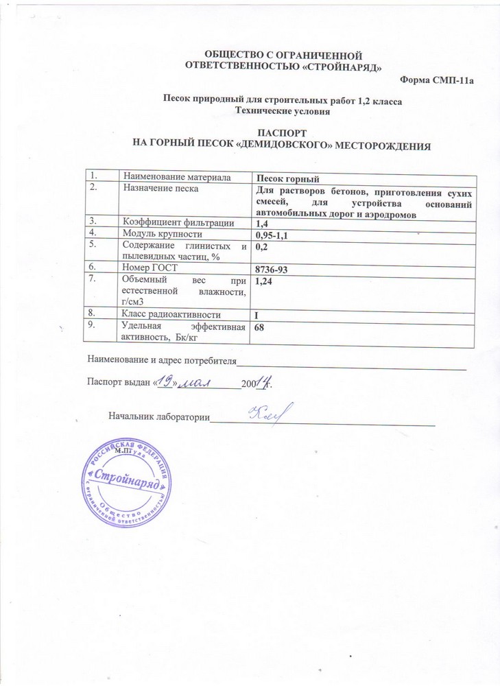 Паспорт песок горный Демидовского месторождения