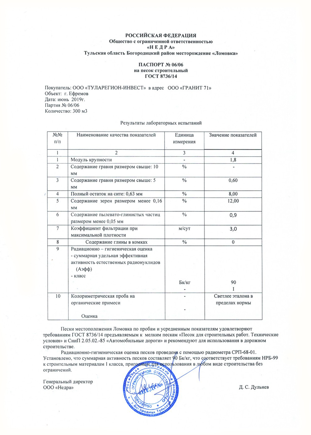 Паспорт песок строительный Недра
