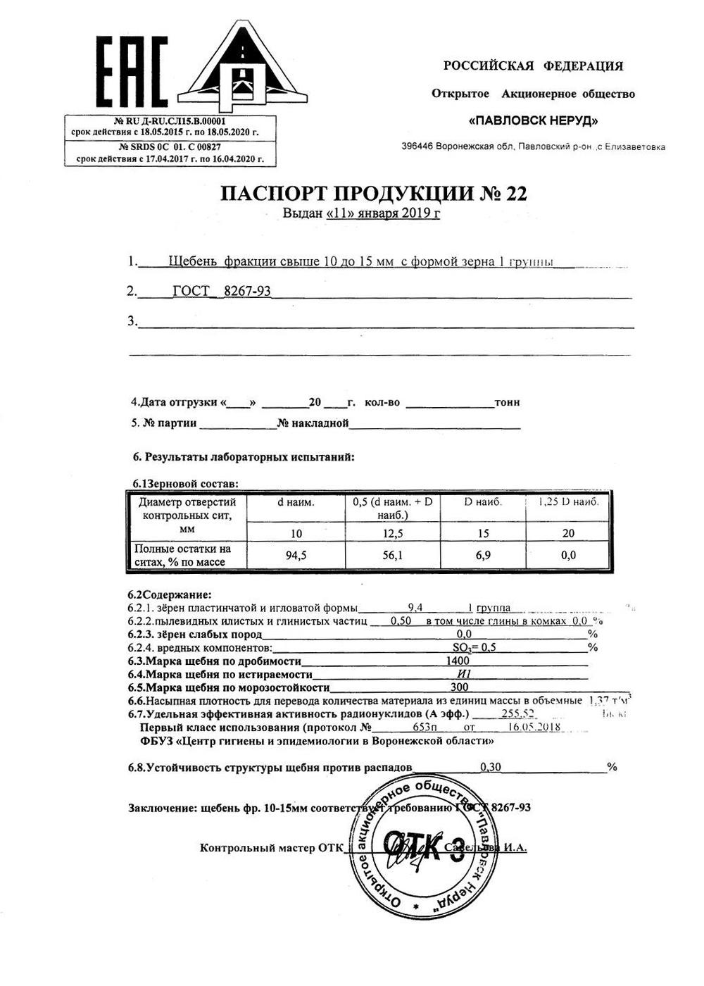 Паспорт щебень фр. свыше 10 до 15 с формой зерна 1 группы Павловск неруд